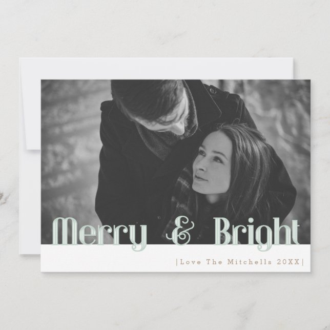 Tarjeta Festiva Retro Merry y Bright | Foto de vacaciones (Anverso)