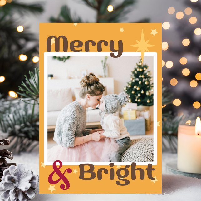 Tarjeta Festiva Retro Mocha Brown Yellow Red Photo Merry Christmas (Subido por el creador)