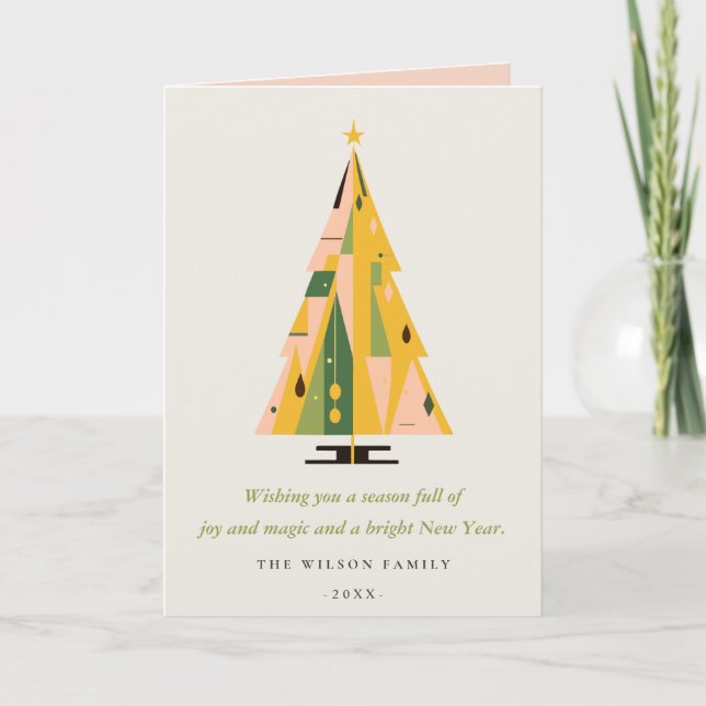 Tarjeta Festiva Retro Mustard Green Christmas Tree Business Logo (Anverso)