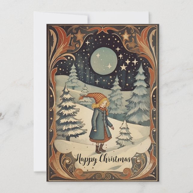 Tarjeta Festiva Retro Navidades Gouache imágenes adelante y atrás (Anverso)