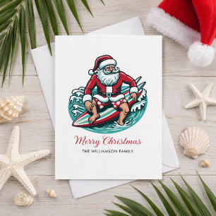 Tarjeta Festiva Retro Papá Noel Surfista Vibraciones Tropicales