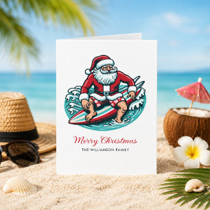 Tarjeta Festiva Retro Papá Noel Surfista Vibraciones Tropicales