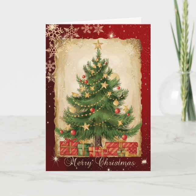 Tarjeta Festiva Retro Pine Tree Presents Snowflakes Red (Anverso)