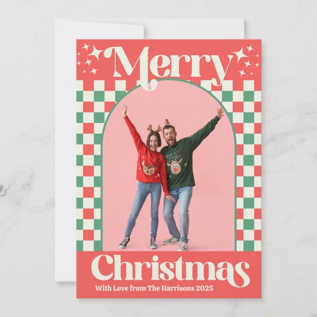Tarjeta Festiva Retro Pink and Green Christmas Check Flat Card (Anverso)