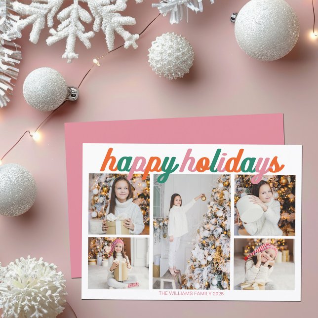 Tarjeta Festiva Retro Pink Happy Holidays 5 Photo Collage (Subido por el creador)