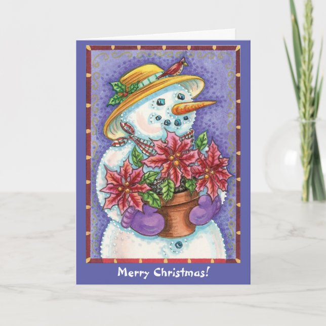 Tarjeta Festiva Retro Poinsettia Snowman Navidades (Anverso)