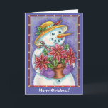Tarjeta Festiva Retro Poinsettia Snowman Navidades<br><div class="desc">Esta bonita imagen vintage muestra a un muñeco de nieve con un ramo de poinsettia roja. El muñeco de nieve, por supuesto, tiene una nariz de zanahoria, y un gorra dorado brillante decorado con un cardenal rojo y holly. Toda la imagen está enmarcada con un diseño geométrico decorativo sobre un...</div>