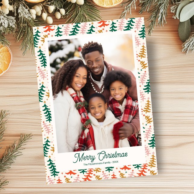 Tarjeta Festiva Retro Quirky Christmas Tree Holiday Photo Card (Groovy Retro Christmas Tree Holiday Flat Card)