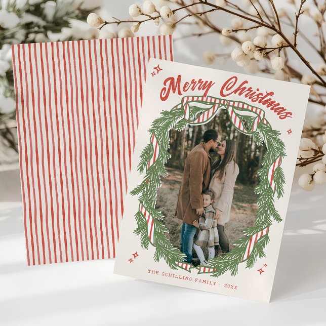 Tarjeta Festiva Retro Quirky Hand Drawn Wreath Bow Photo Christmas (Retro quirky hand drawn bow wreath greenery watercolor stripes Merry Christmas Photo Holiday Card )