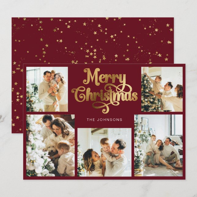 Tarjeta Festiva Retro Red Faux Gold Merry Christmas Family Foto (Anverso / Reverso)