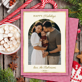 Tarjeta Festiva Retro Red Gold Plaid Arch Navidades de fotografía 