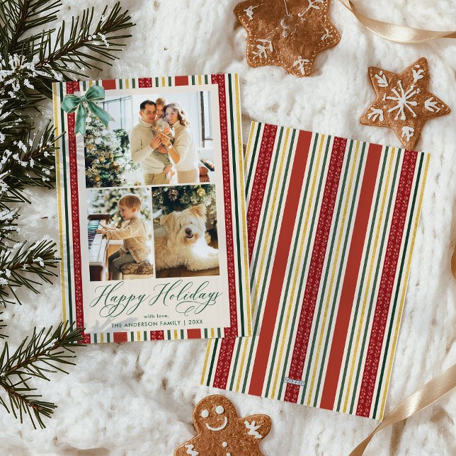 Tarjeta Festiva Retro Red Gold Strips Bow Happy Holidays 3 Photo (Subido por el creador)