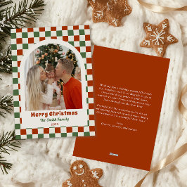 Tarjeta Festiva Retro Red Green Checkerboard Photo Arch Christmas