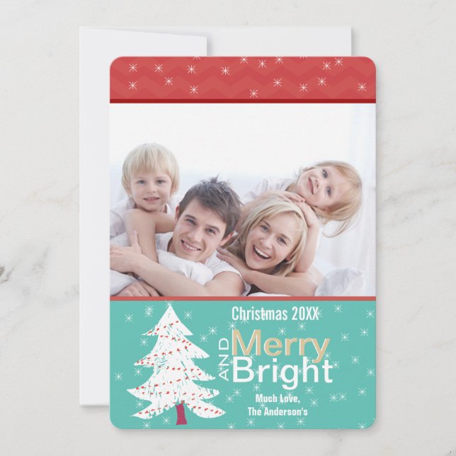 Tarjeta Festiva Retro Red Mint Pine Tree Merry Bright Photo Card (Anverso)