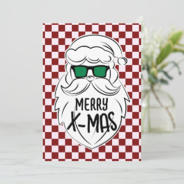 Tarjeta Festiva Retro Red Pink Checkered Santa Claus Christmas 