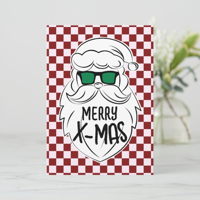 Tarjeta Festiva Retro Red Pink Checkered Santa Claus Christmas  (Anverso de pie)