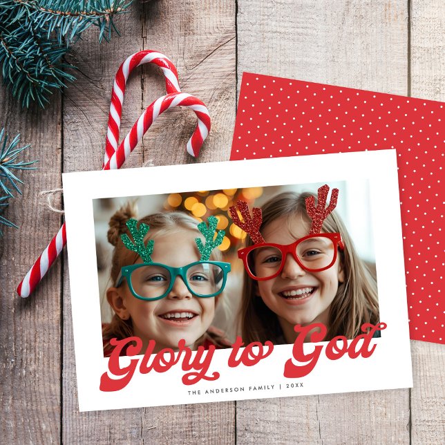 Tarjeta Festiva Retro Red Script Glory To God One Photo Christmas  (Subido por el creador)