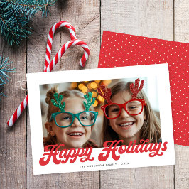 Tarjeta Festiva Retro Red Script Happy Holidays One Photo