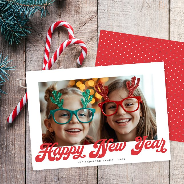 Tarjeta Festiva Retro Red Script Happy New Year One Photo (Subido por el creador)