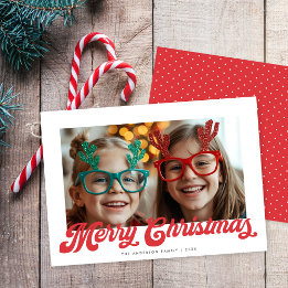 Tarjeta Festiva Retro Red Script Merry Christmas One Photo