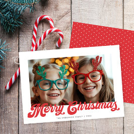 Tarjeta Festiva Retro Red Script Merry Christmas One Photo