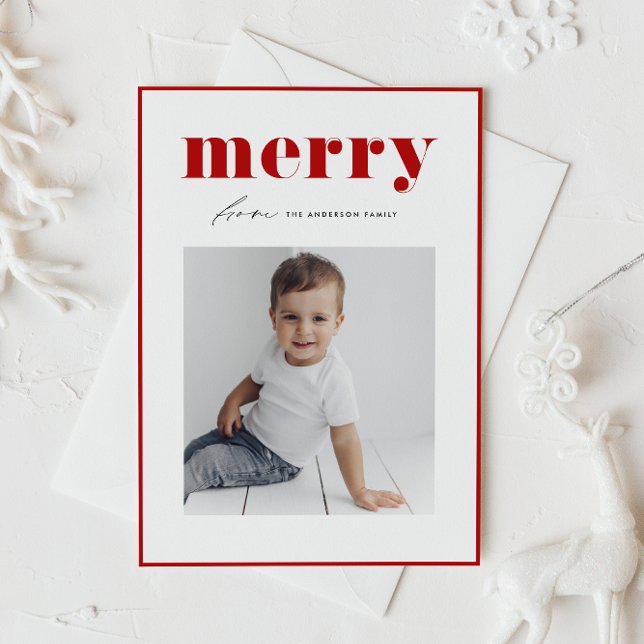 Tarjeta Festiva Retro Rojo Negrita Merry Typography Photo Navidade (Make your Christmas cards memorable with this red retro typography photo holiday card.)