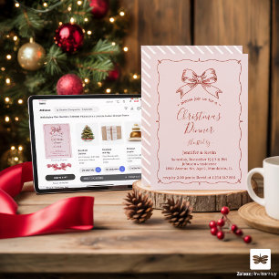 Tarjeta Festiva Retro Rojo Rosa Bow Cena De Navidades Franceses