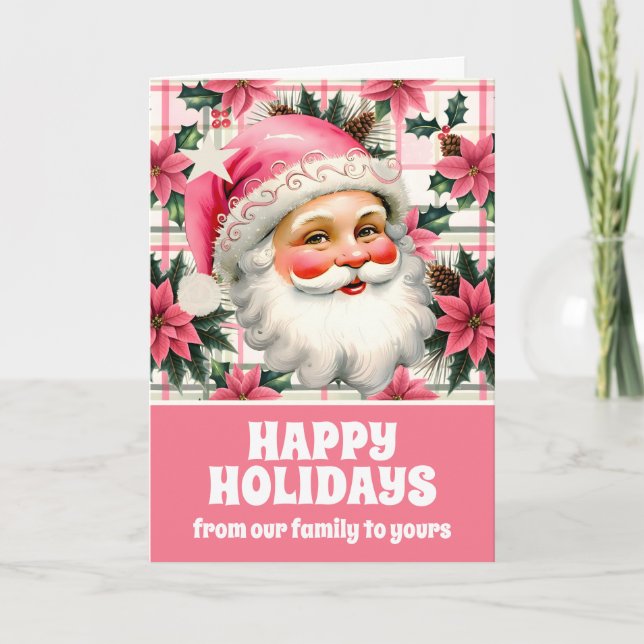 Tarjeta Festiva Retro Rosa Santa Claus Navidades Floral Plaid (Anverso)