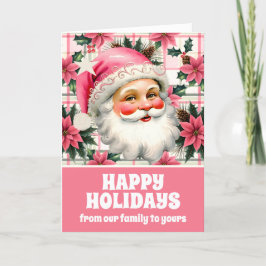 Tarjeta Festiva Retro Rosa Santa Claus Navidades Floral Plaid