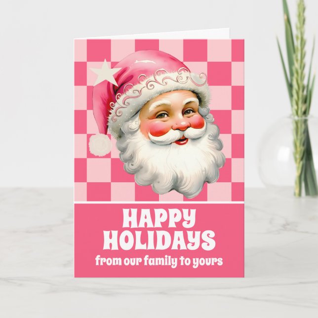 Tarjeta Festiva Retro Rosa Santa Claus Tartán Navidades de plástic (Anverso)