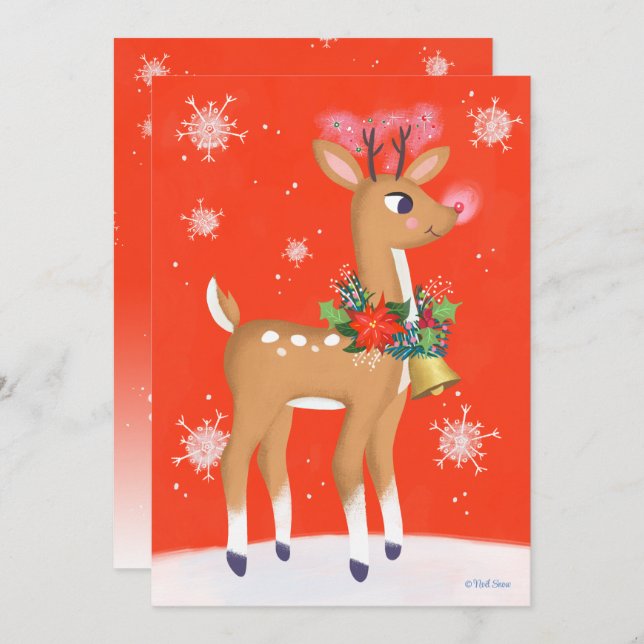 Tarjeta Festiva Retro Rudolph Reindeer Red (Anverso / Reverso)