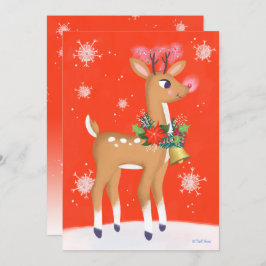 Tarjeta Festiva Retro Rudolph Reindeer Red