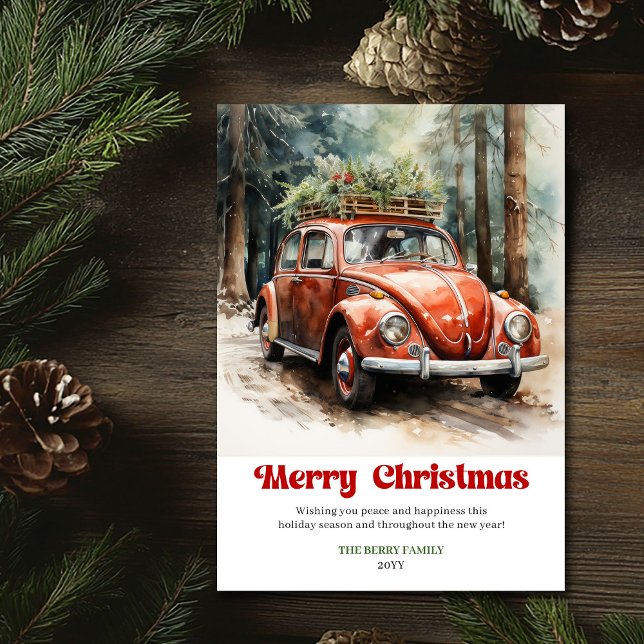 Tarjeta Festiva Retro rustic Christmas scene red car greeting (Retro rustic Christmas scene red car greeting)