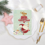 Tarjeta Festiva Retro Santa Claus Corta Con Presentes<br><div class="desc">Fondo de agua retro con salpicaduras blancas y estrellas. Corte de Santa Claus con ilustracion de regalos coloridos y decorados. Tipografía naranja y roja,  deseando una Feliz Navidad.</div>
