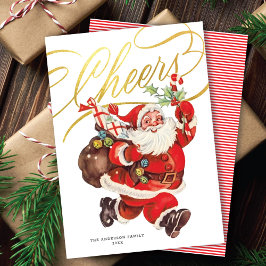 Tarjeta Festiva Retro Santa Gold Script Cheers Non-Photo Christmas