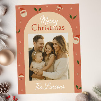 Tarjeta Festiva Retro Santa & Holly Arch Christmas Card