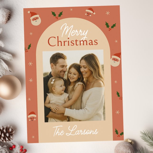 Tarjeta Festiva Retro Santa & Holly Arch Christmas Card (Subido por el creador)