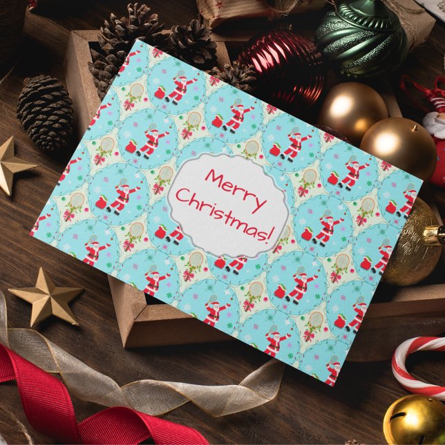 Tarjeta Festiva Retro Santa Jugando Tenis Ogee Pattern Ca (A great Christmas card for the tennis player!)