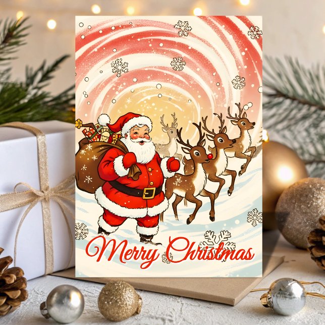 Tarjeta Festiva Retro Santa & Reindeer Blizzard Christmas (Subido por el creador)