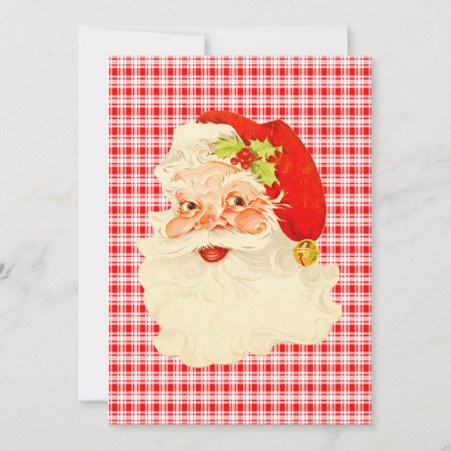 Tarjeta Festiva Retro Santa sobre Plaid (Anverso)