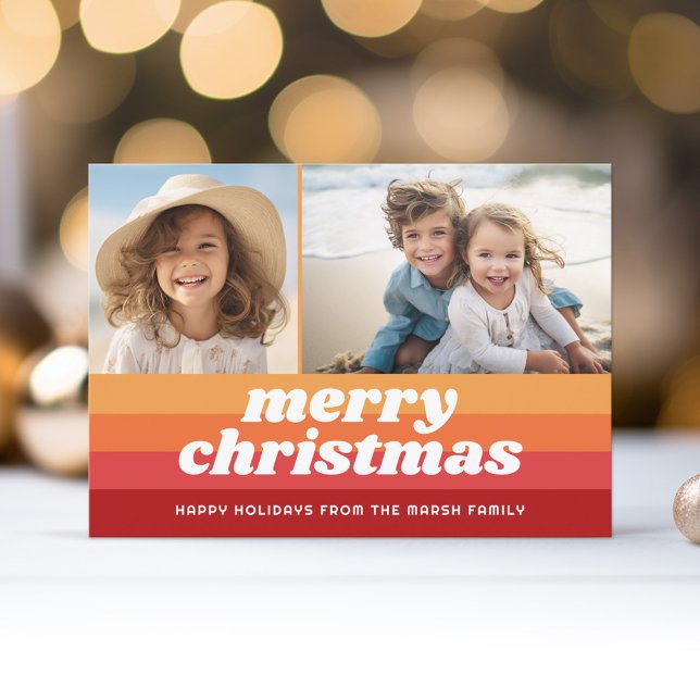 Tarjeta Festiva Retro Stripes Red Naranja - Merry Photo - Vibe de  (Retro Stripe Christmas Card with 2 Photos - Vibrant Reds - Print and Download Option)
