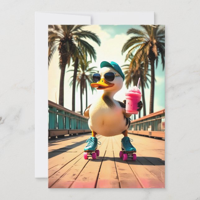 Tarjeta Festiva Retro Summer Funny Roller Duck  (Anverso)