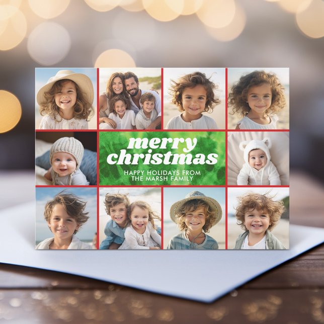 Tarjeta Festiva Retro Tie-Dye Red Green - Borde fotográfico - Navi (A funky tie dye design with 10 Christmas photos. Online and download options available.)