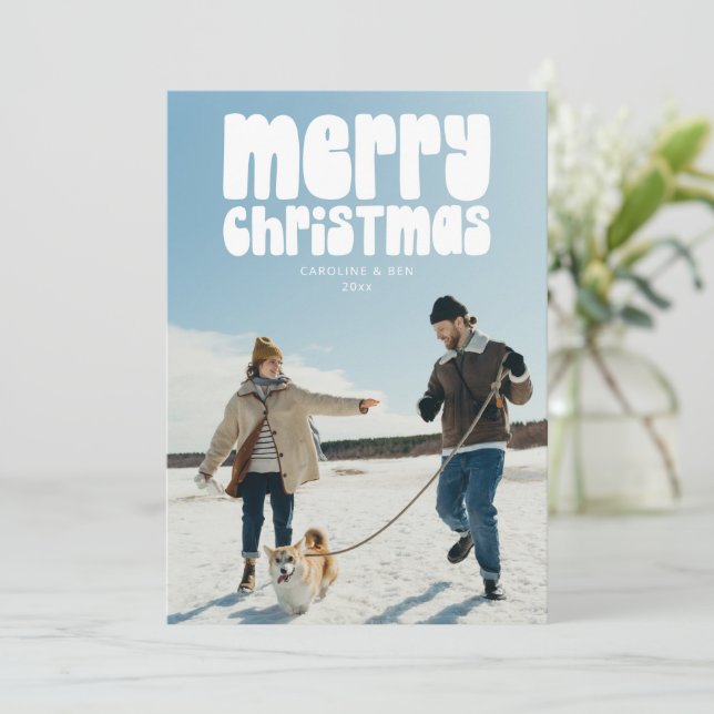 Tarjeta Festiva Retro Typography Photo Merry Christmas Letter (Anverso de pie)