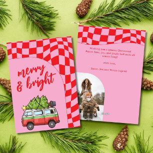 Tarjeta Festiva Retro Van Checkerboard Navidades mora y brillante