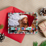 Tarjeta Festiva Retro Verde Rojo Azul Merry Woofmas Perro Navidade<br><div class="desc">Tocante de perro Fotos de Feliz Navidad con rayas en rojo y blanco y diferentes tonos de verde y azul,  junto con Merry Woofmas escrito en una foto de tu perro con una fuente retro groovy en rojo,  azul y verde.</div>