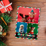 Tarjeta Festiva Retro Verde Rojo Merry Woofmas Collage de fotos<br><div class="desc">Con la temática del perro Fotos de Feliz Navidad con rayas en rosa, verde, rojo y blanco junto con Merry Woofmas escritas debajo de tres fotos de tus perros con una fuente retro groovy en rojo, rosa y verde. ¡Feliz Woofmas! Esta divertida tarjeta de Navidades con temas caninos es la...</div>