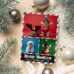 Tarjeta Festiva Retro verde rosa Merry Woofmas Collage de fotos<br><div class="desc">Con la temática del perro Fotos de Feliz Navidad con rayas en rosa,  verde,  rojo y blanco junto con Merry Woofmas escritas debajo de tres fotos de tus perros con una fuente retro groovy en rojo,  rosa y verde.</div>