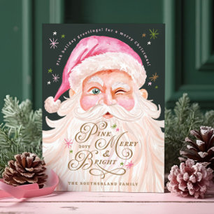 Tarjeta Festiva Retro Vintage Alegre y Rosa Santa Claus Acuarela