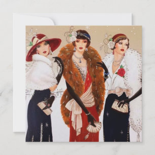 Tarjeta Festiva retro vintage art deco damas añadir mensaje